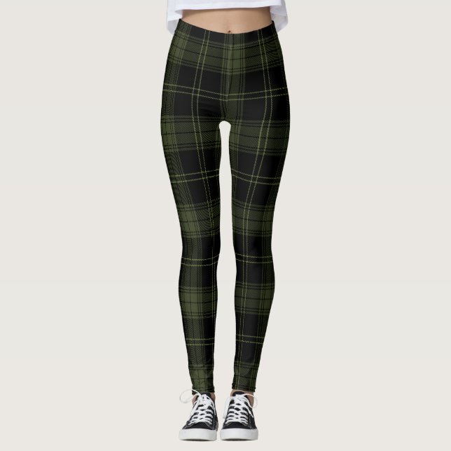 Grönt Kelp, svart, Hunter Grönt Färg Tartan Leggings (Framsida)