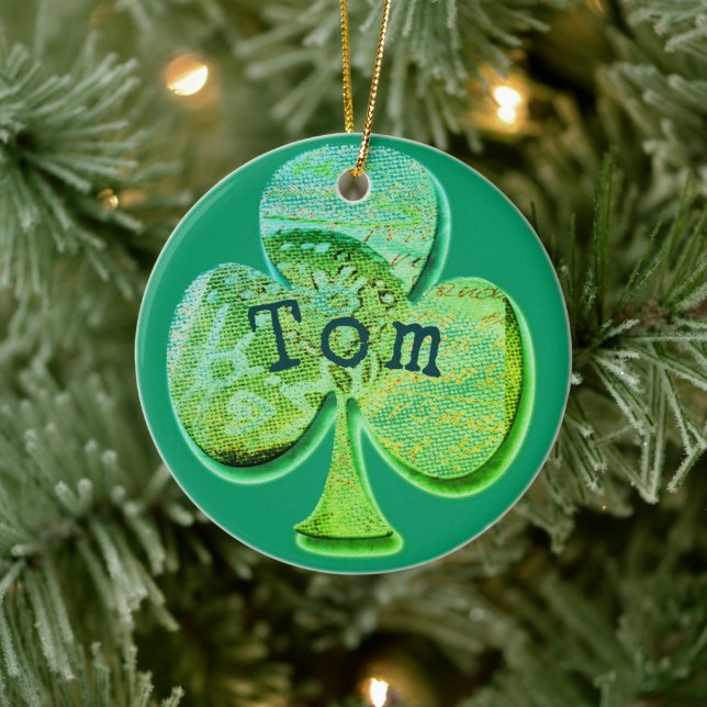 Grönt klöver löv och ert namn eller ord julgransprydnad keramik (Träd)