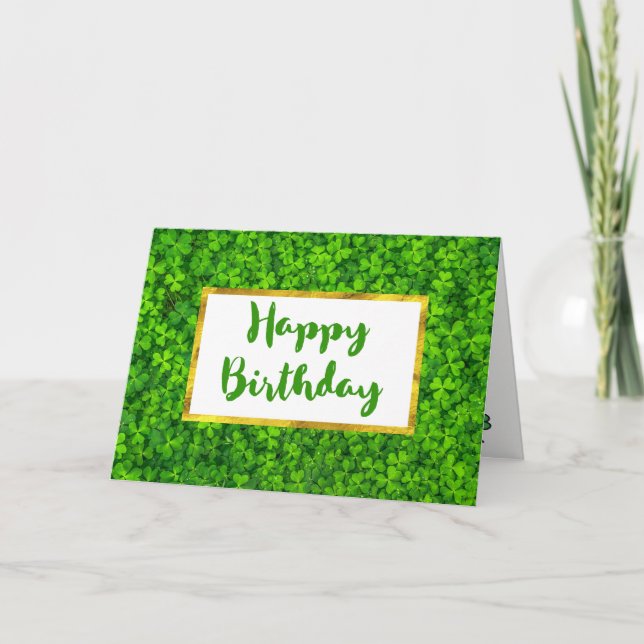 Grönt Klöver med FAUX Gold Foil Ram Birthday Kort (Framsida)