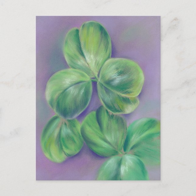 Grönt Klöver Shamrocks on Lila Pastel Art Vykort (Framsida)