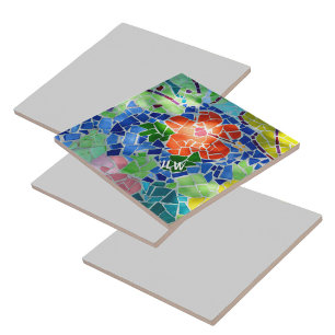 Grönt Koi Fish och Red Flower Colorful Mosaic Kakelplatta