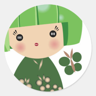 Grönt Kokeshi Triplet Sticker Runt Klistermärke