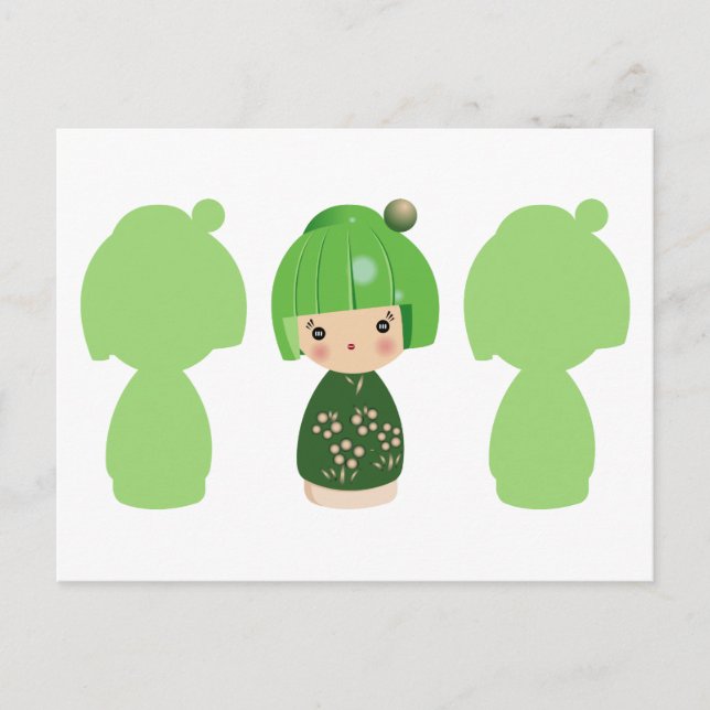 Grönt Kokeshi Triplet x3 vykort (Framsida)