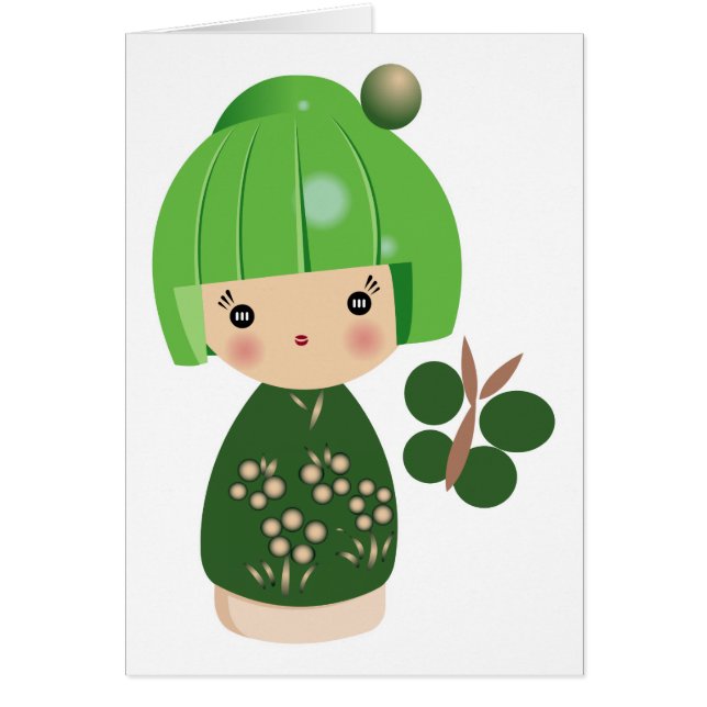 Grönt Kokeshi Tripletkort Hälsningskort (Framsidan)