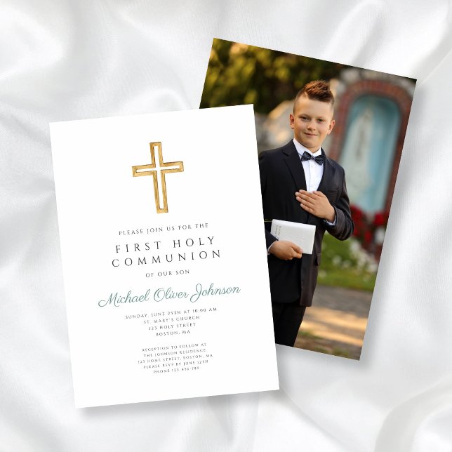 Grönt Kor Photo Boy First Communion Inbjudningar (Green Cross Photo Boy First Communion Invitation)