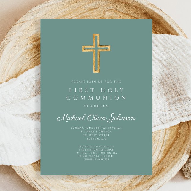 Grönt Kor Religiösa Boy First Communion Inbjudningar (Green Cross Religious Boy First Holy Communion Invitation)