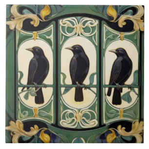 Grönt Kråka Birds Art nouveau Art Deco Black Bird Kakelplatta