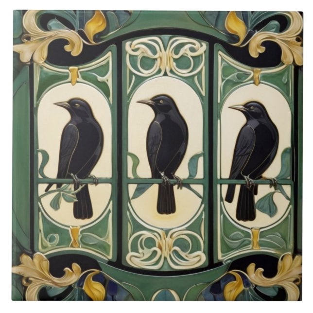 Grönt Kråka Birds Art nouveau Art Deco Black Bird Kakelplatta (Framsidan)