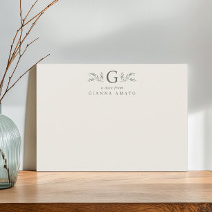 Grönt & Kräm Botaniskt Monogram & Namn Anteckningskort