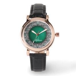 Grönt läder och svart spets chic monogrammerad armbandsur