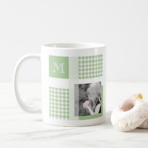 Grönt Lägg till ditt fotogingham Modern Monogram Kaffemugg