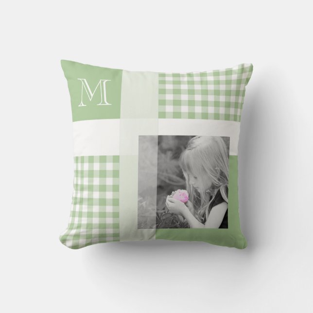 Grönt Lägg till ditt fotogingham Modern Monogram Kudde (Framsida)