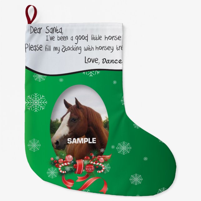 Grönt LÄGG TILL DITT HORSE-foto och Namn Bästa San Stor Julstrumpa (Framsidan)