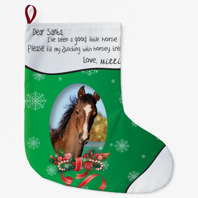 Grönt LÄGG TILL DITT HORSE-foto och Namn Bästa San Stor Julstrumpa (Framsidan)