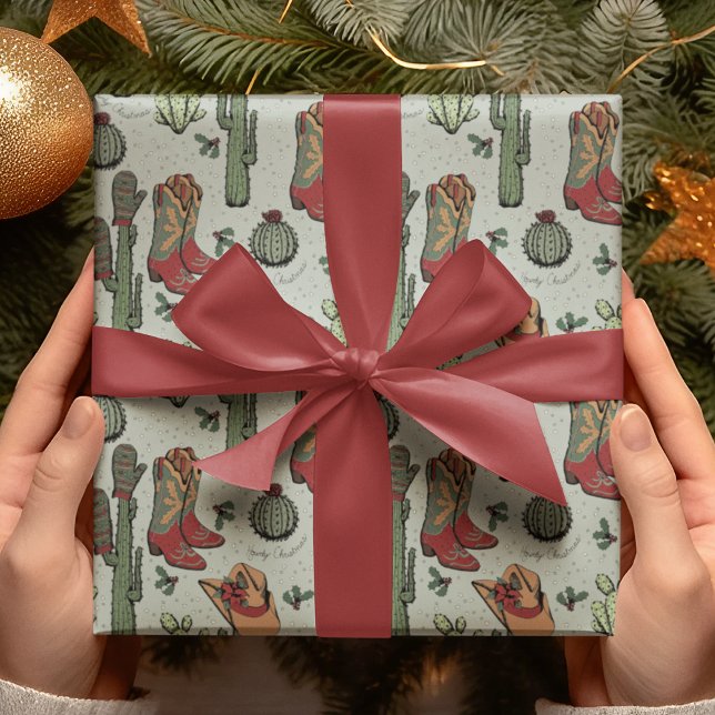 Grönt Land Cowboy Howdy jul Presentpapper (Festive Country Xmas Hand-Drawn Art. Cowboy Boots, Cacti, Winter Gloves, Poinsettia, Holly & Stars.)