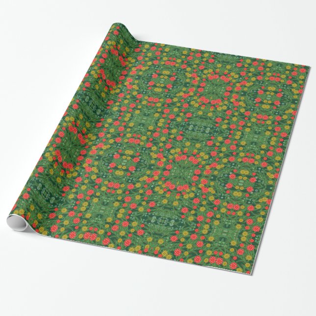 Grönt Land Flowers Spegel Mönster Gift Wrap Presentpapper (Utrullad)