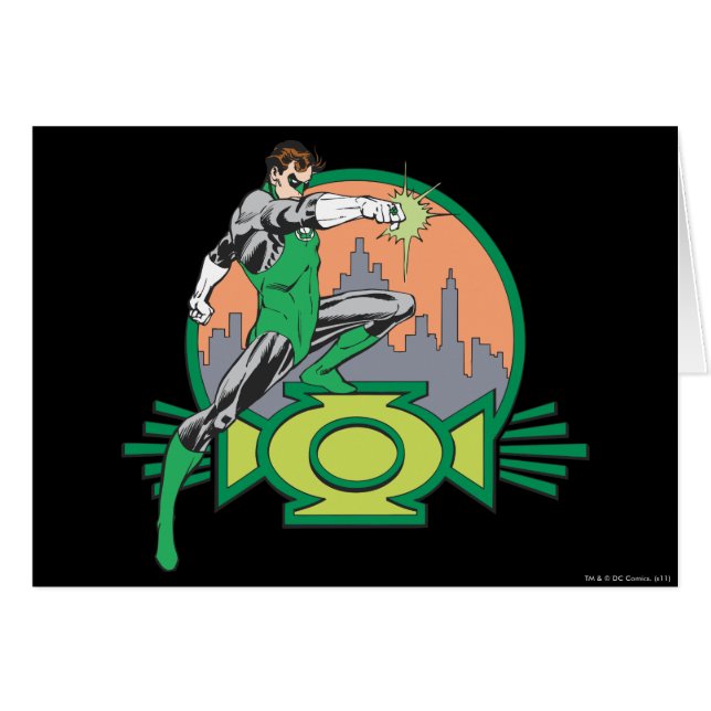 Grönt Lantern & Cityscape Hälsningskort (Framsidan Horizontal)