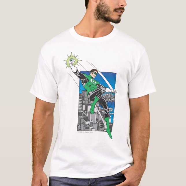 Grönt Lantern med stadsbakgrund Tee Shirt (Framsida)