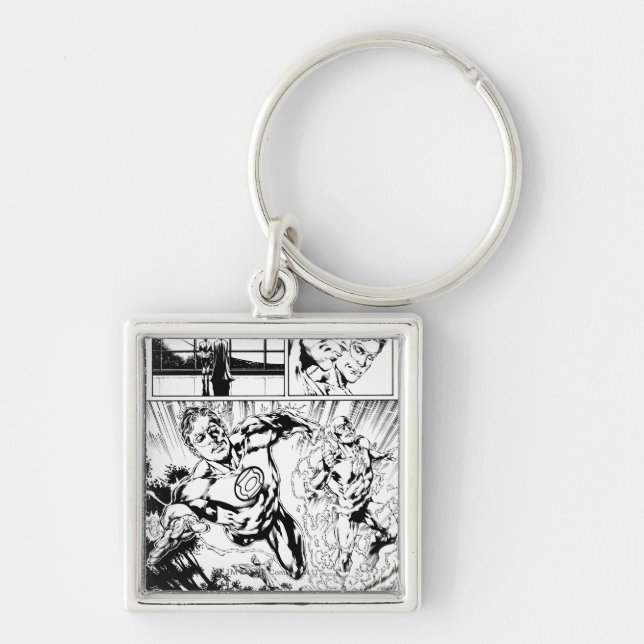 Grönt Lantern och Flash Panel 2 Fyrkantig Silverfärgad Nyckelring (Framsidan)