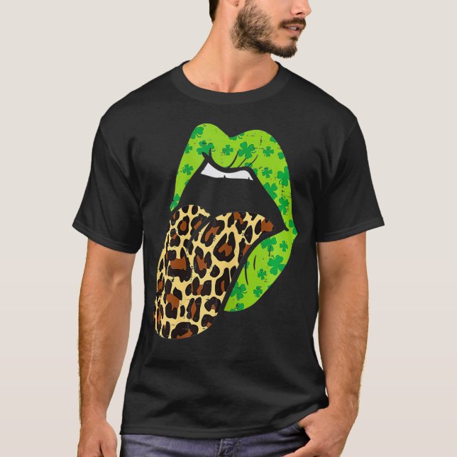 Grönt Läppar Leopard Skriv ut Tunga Out St Patrick T Shirt (Framsida)