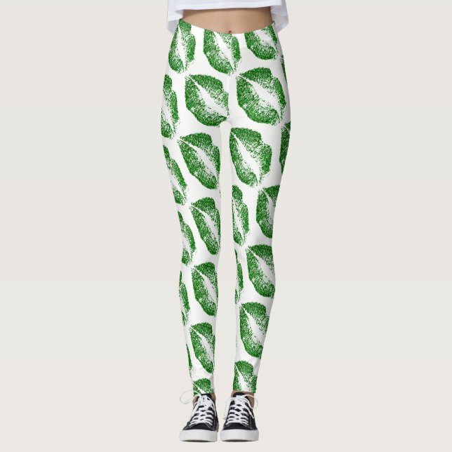 Grönt Läppar Modern White Leggings (Framsida)