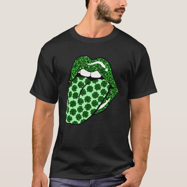 Grönt Läppar Mouth Shamrock Tunga ut Saint patrick T Shirt (Framsida)