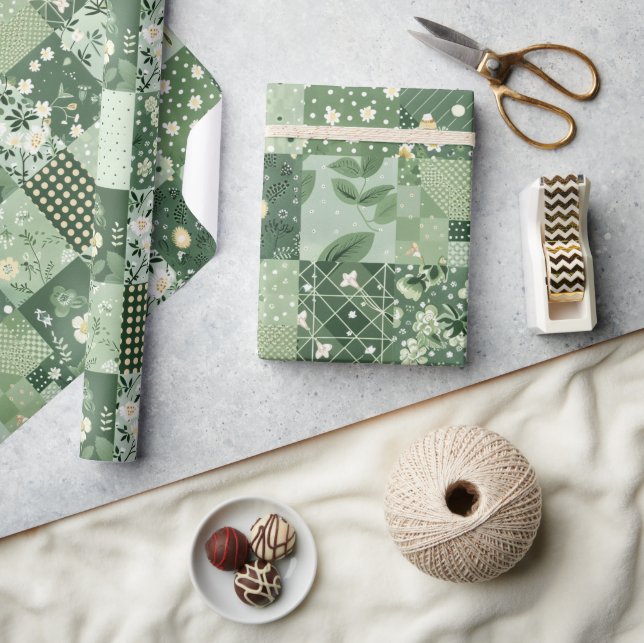 Grönt lapptäcke patchwork antikt rutigt geometrisk presentpapper (Hantverk)