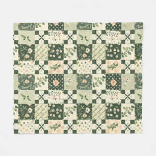 Grönt lapptäcke patchwork gingham Cottagecore blom Fleecefilt