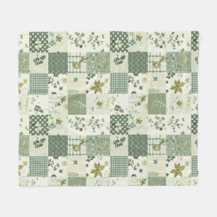 Grönt lapptäcke patchwork gingham Cottagecore blom Fleecefilt