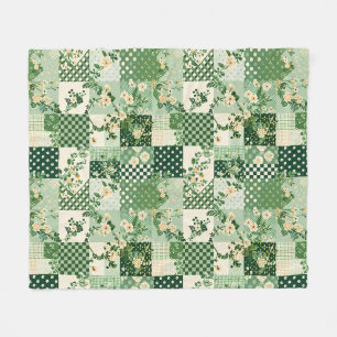 Grönt lapptäcke patchwork gingham Cottagecore blom Fleecefilt