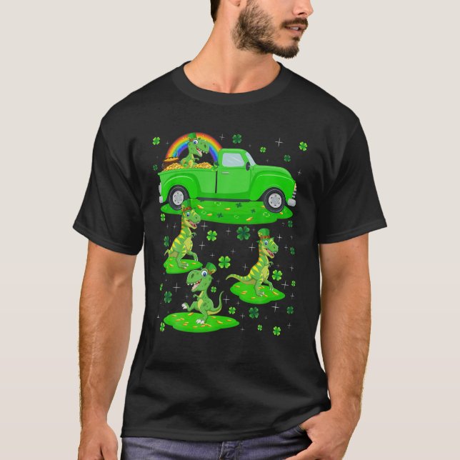 Grönt Lastbil Leprechaun Hat Tyrannosaurus St. Pat T Shirt (Framsida)