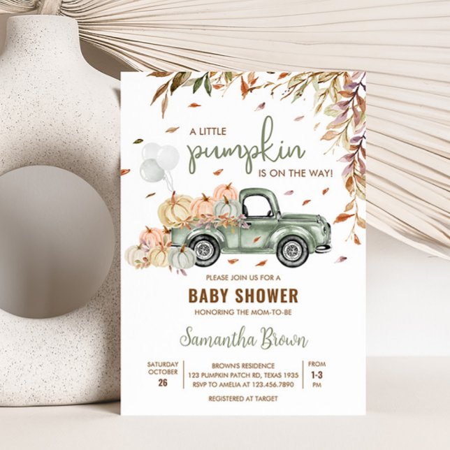 Grönt Lastbil Pumpkin Baby Shower Inbjudningar (Little Pumpkin Green Truck Baby Shower Invitation)
