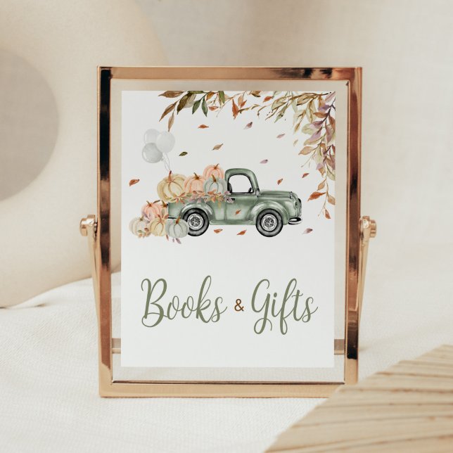Grönt Lastbil Pumpkin Bokar och Gattbabyskor Poster (Little Pumpkin Green Truck Baby Shower Books and Gifts Sign)
