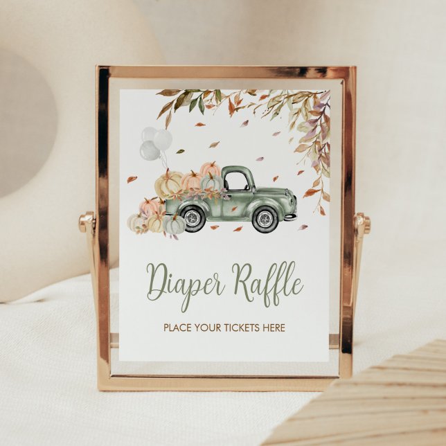 Grönt Lastbil Pumpkin Diaper Raffle Baby Shower Poster (Little Pumpkin Green Truck Baby Shower Diaper Raffle Sign)