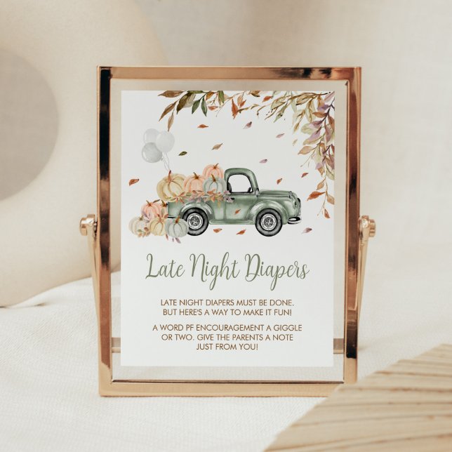 Grönt Lastbil Pumpkin Late Night Diaper Baby Showe Poster (Little Pumpkin Green Truck Baby Shower Late Night Diapers Sign)
