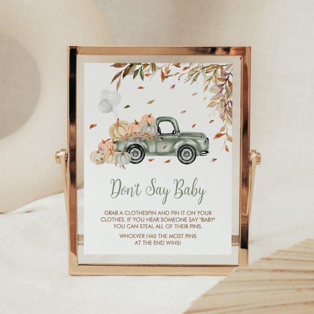 Grönt Lastbil Pumpkin Säg inte Baby Baby Shower Poster (Little Pumpkin Green Truck Baby Shower Don't Say Baby Sign)