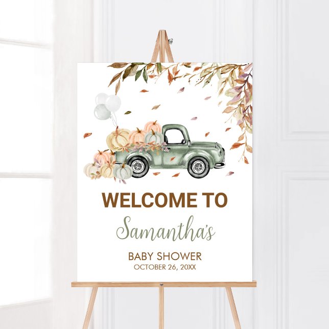 Grönt Lastbil Pumpkin Välkommen Baby Shower Poster (Little Pumpkin Green Truck Baby Shower Welcome Sign)
