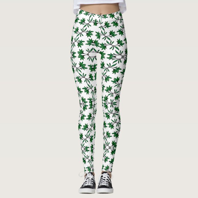 Grönt leafy mönster på vit leggings (Framsida)