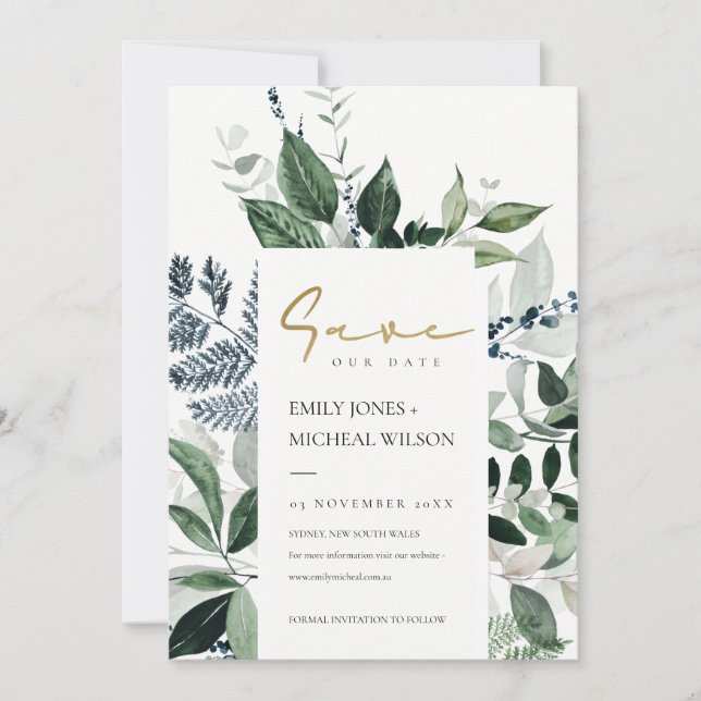 Grönt Leafy Tropical Foliage Save Date Inbjudan (Framsida)