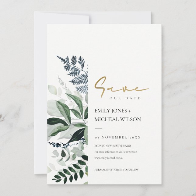 Grönt Leafy Tropical Foliage Save Date Inbjudan (Framsida)