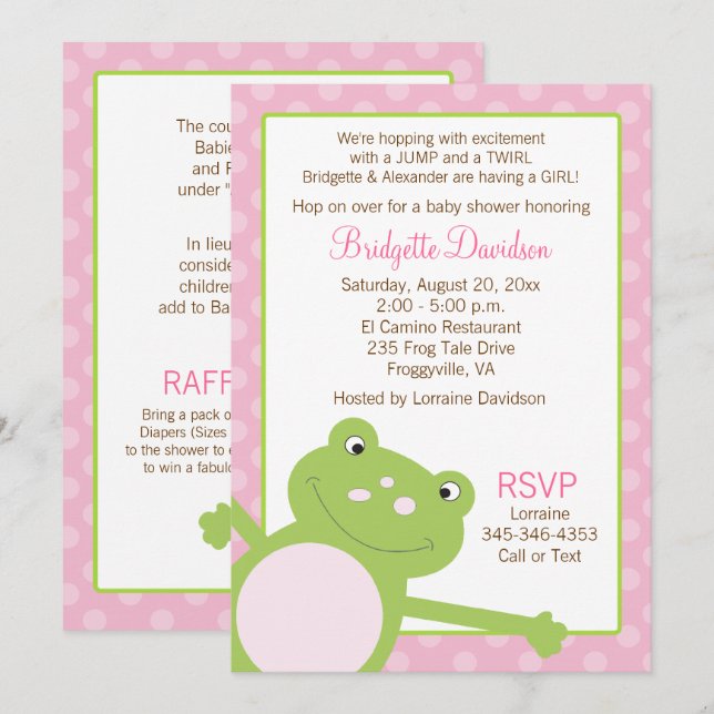 Grönt Leap Frog Girl Rosa Baby Shower Inbjudningar (Fram/baksida)