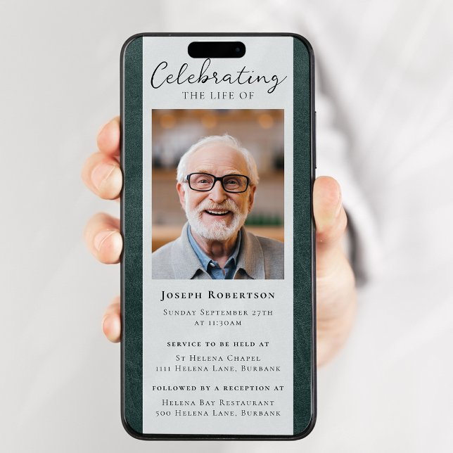 Grönt Leather Photo Funeral Digital Evite Inbjudningar (Skapare uppladdad)