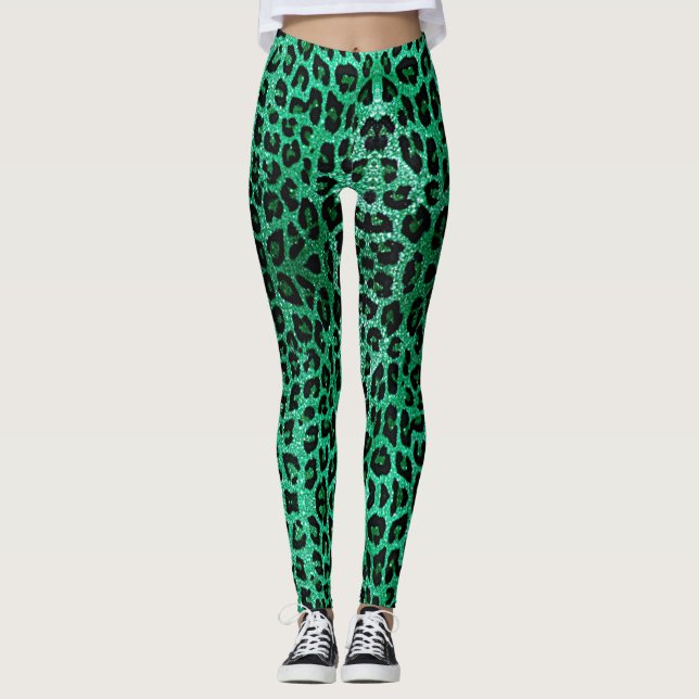 Grönt Leopard Gnistra Leggings (Framsida)