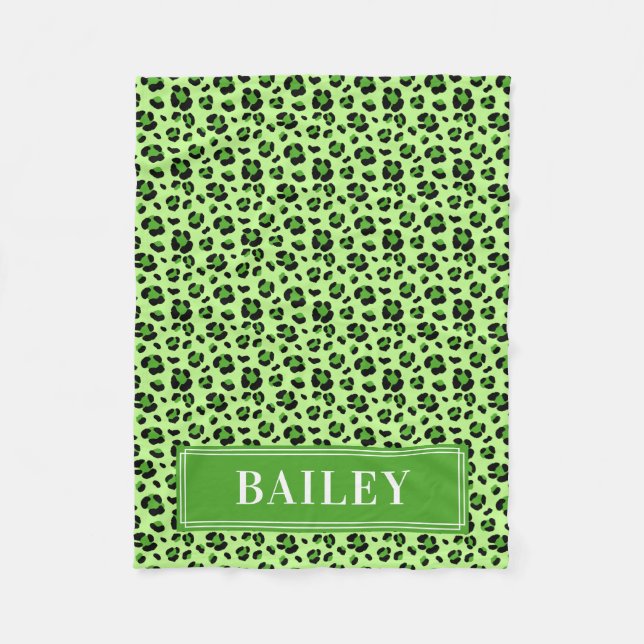 Grönt Leopard Monogram Pet Fleecefilt (Framsidan)
