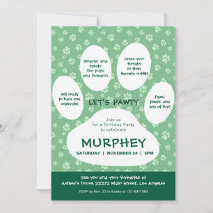 Grönt Let's Pawty, Paw Print Inbjudningar