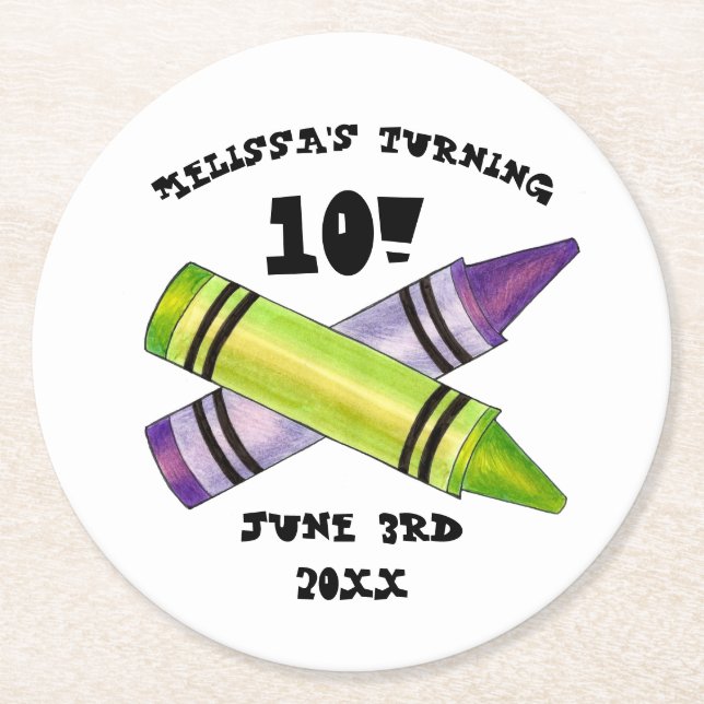 Grönt Lila Artist Kritor Child Födelsedagsfest Underlägg Papper Rund (Framsidan)