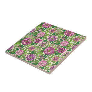 Grönt Lila & Beige Retro Flowers Mönster Kakelplatta