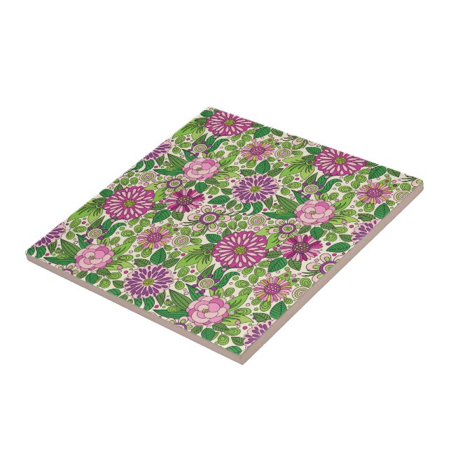 Grönt Lila & Beige Retro Flowers Mönster Kakelplatta (Sidan)