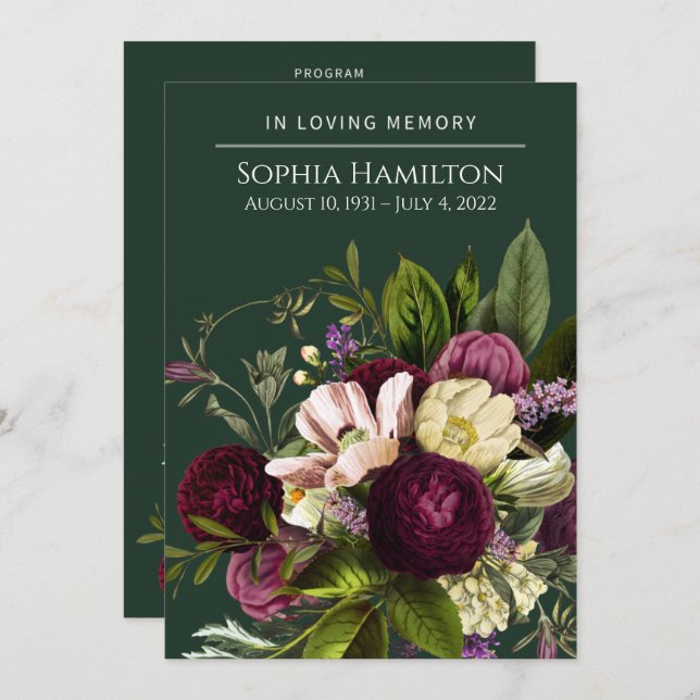Grönt Lila Blommigt Funeral Memorial Inbjudningar (Fram/baksida)