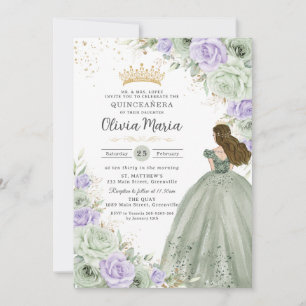 Grönt Lila Blommigt Princess Gown Quinceañera Inbjudningar